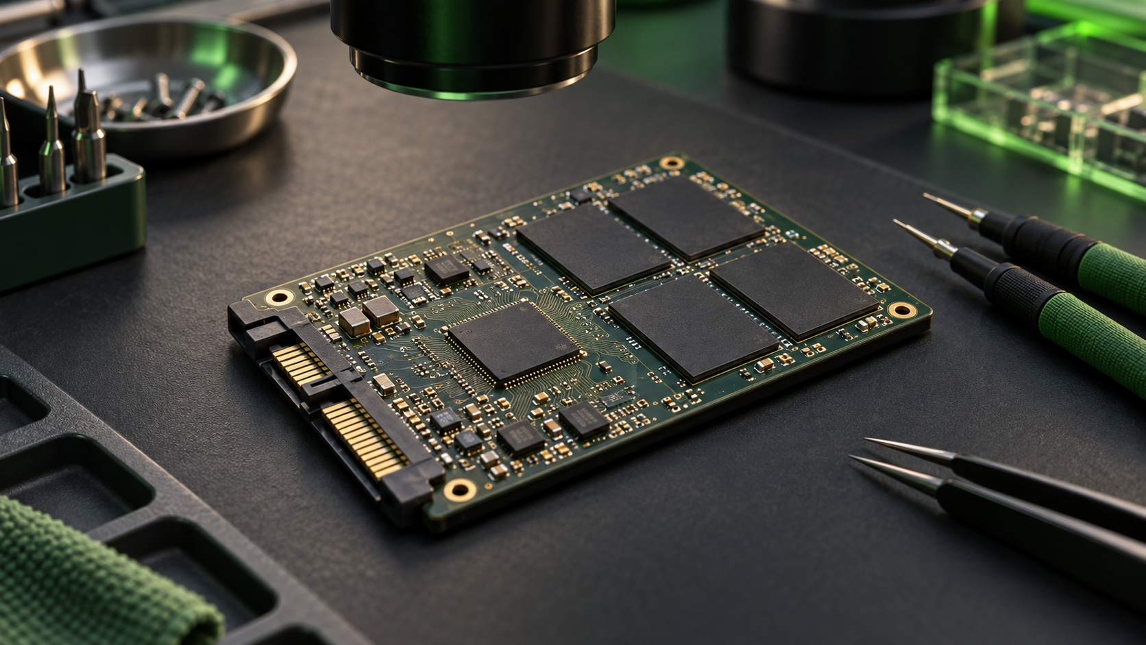 Иллюстрация платы SSD на рабочем столе под микроскопом