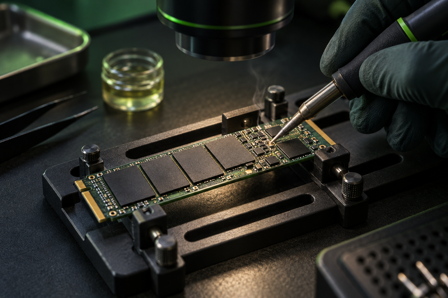Иллюстрация пайки платы SSD под микроскопом